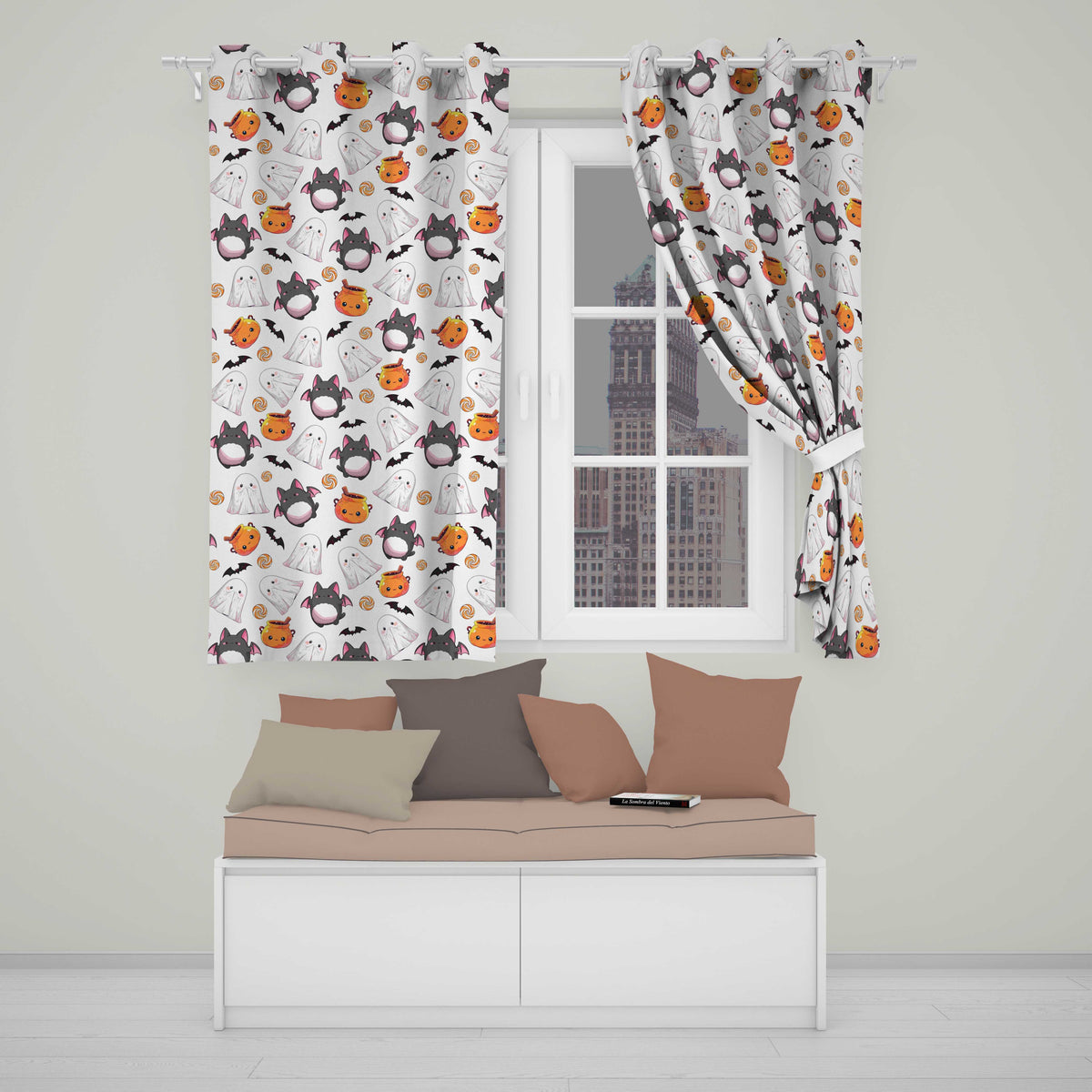 Cute Kawaii Halloween Ghost Bat Candy Pumpkin Seamless Pattern Cream Background  Readymade Eyelet Ring Top Thermal 100% Blackout Curtains