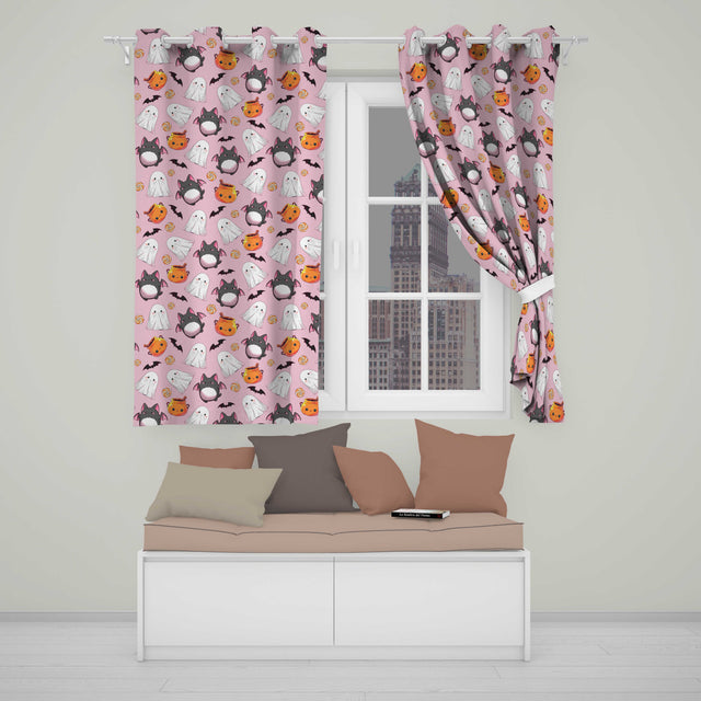 Cute Kawaii Halloween Ghost Bat Candy Pumpkin Seamless Pattern Pink Background  Readymade Eyelet Ring Top Thermal 100% Blackout Curtains