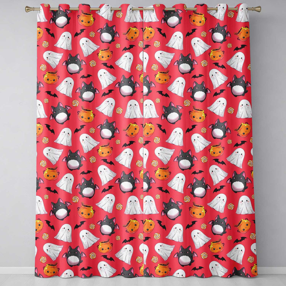 Cute Kawaii Halloween Ghost Bat Candy Pumpkin Seamless Pattern Red Background  Readymade Eyelet Ring Top Thermal 100% Blackout Curtains