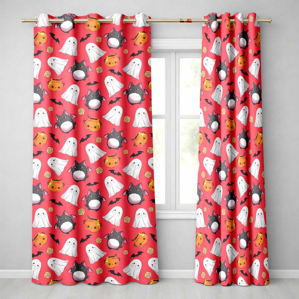 Cute Kawaii Halloween Ghost Bat Candy Pumpkin Seamless Pattern Red Background  Readymade Eyelet Ring Top Thermal 100% Blackout Curtains