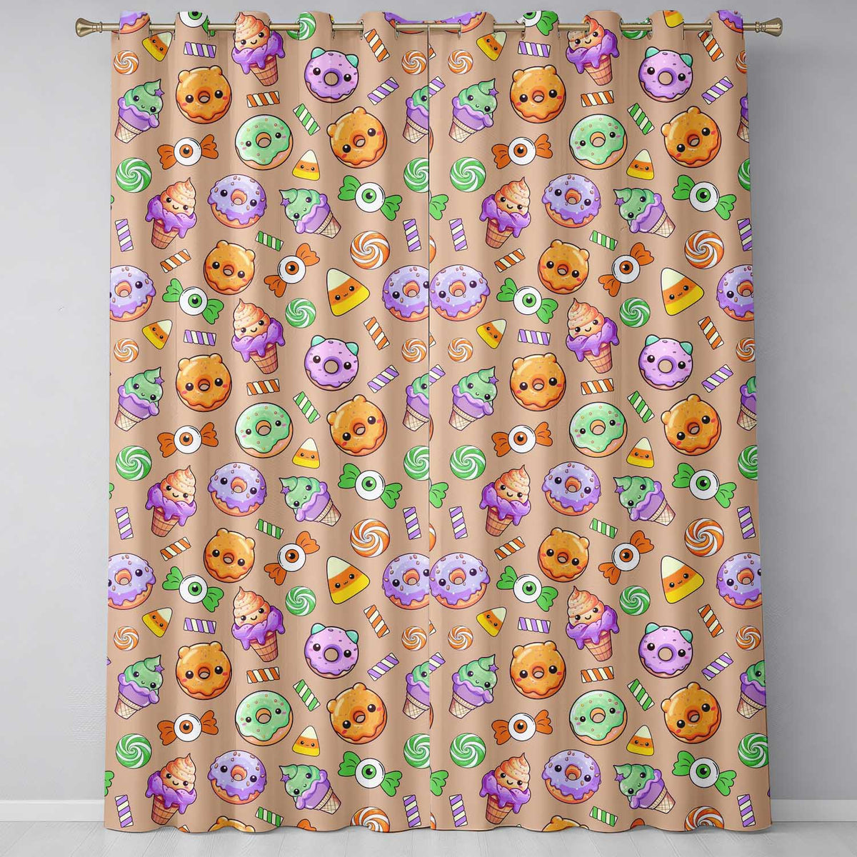 Cute Halloween Donuts Candy Eyeball Ice Cream Seamless Pattern Beige Background  Readymade Eyelet Ring Top Thermal 100% Blackout Curtains