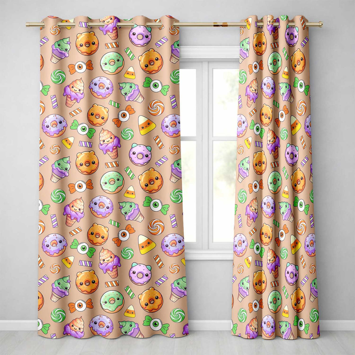 Cute Halloween Donuts Candy Eyeball Ice Cream Seamless Pattern Beige Background  Readymade Eyelet Ring Top Thermal 100% Blackout Curtains