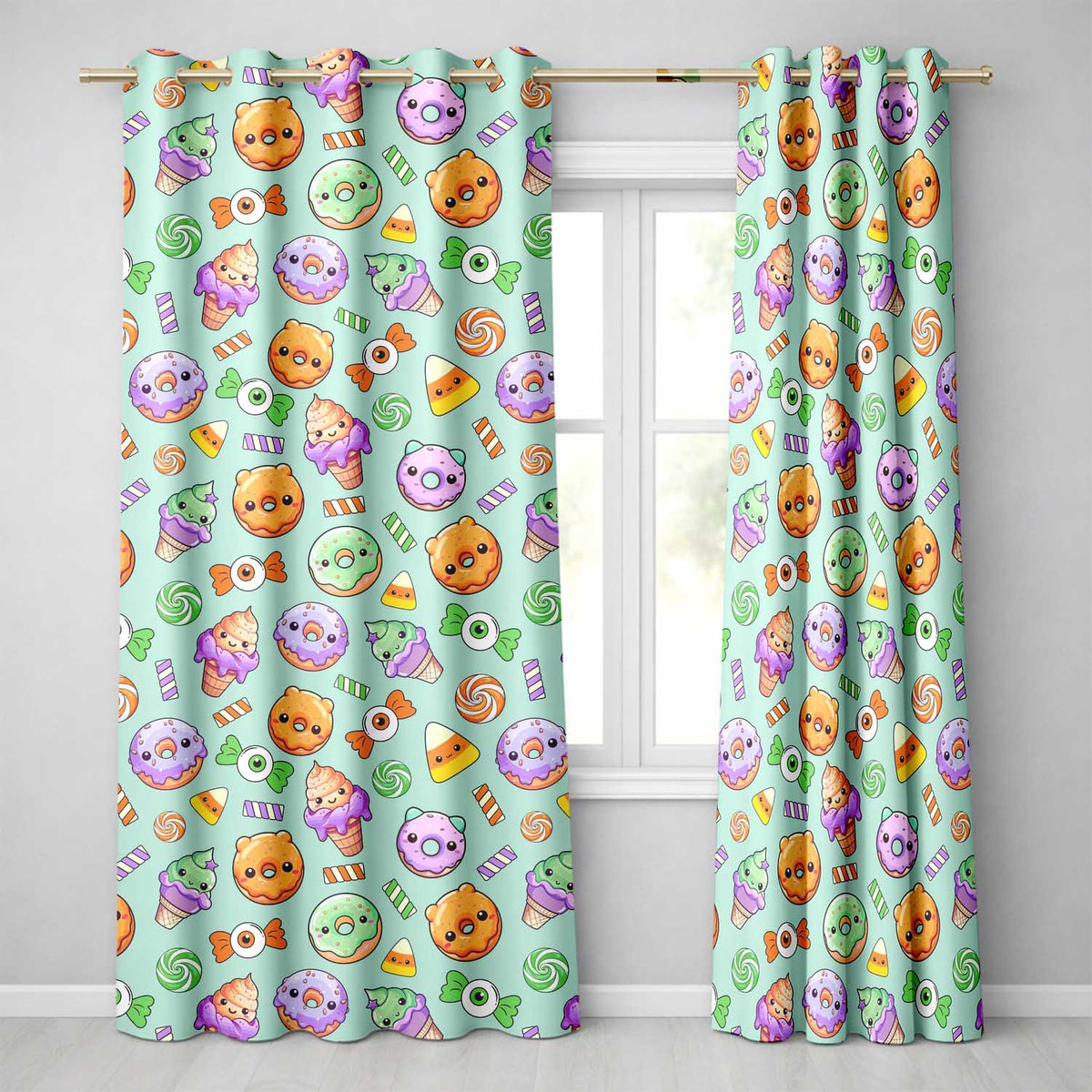 Cute Halloween Donuts Candy Eyeball Ice Cream Seamless Pattern Teal Background  Readymade Eyelet Ring Top Thermal 100% Blackout Curtains