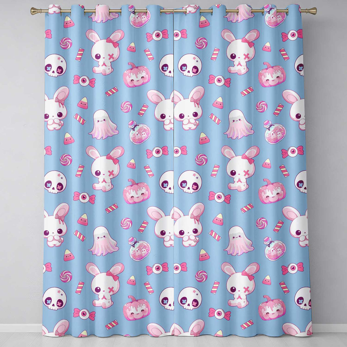 Cute  Halloween Bunny Ghost Candy Pumpkin Seamless Pattern Blue Background  Readymade Eyelet Ring Top Thermal 100% Blackout Curtains