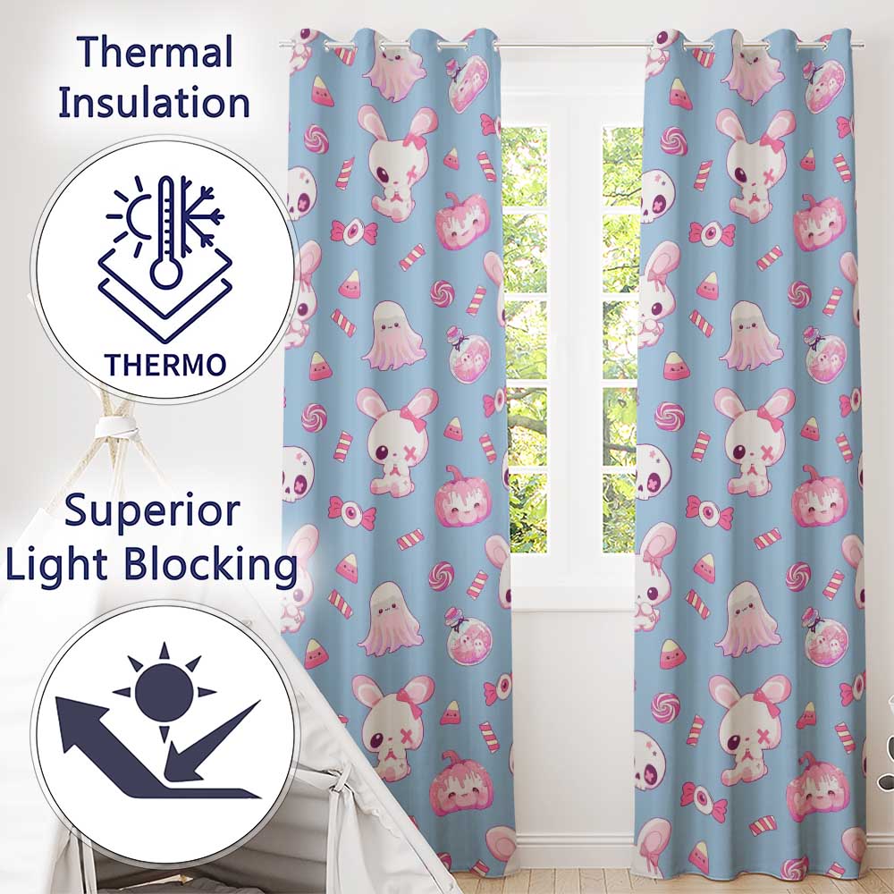 Cute  Halloween Bunny Ghost Candy Pumpkin Seamless Pattern Blue Background  Readymade Eyelet Ring Top Thermal 100% Blackout Curtains