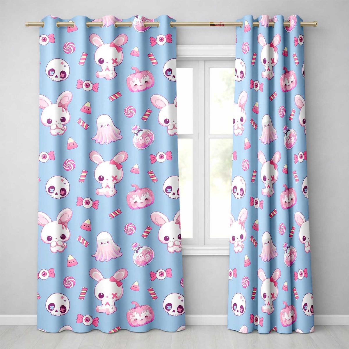 Cute  Halloween Bunny Ghost Candy Pumpkin Seamless Pattern Blue Background  Readymade Eyelet Ring Top Thermal 100% Blackout Curtains