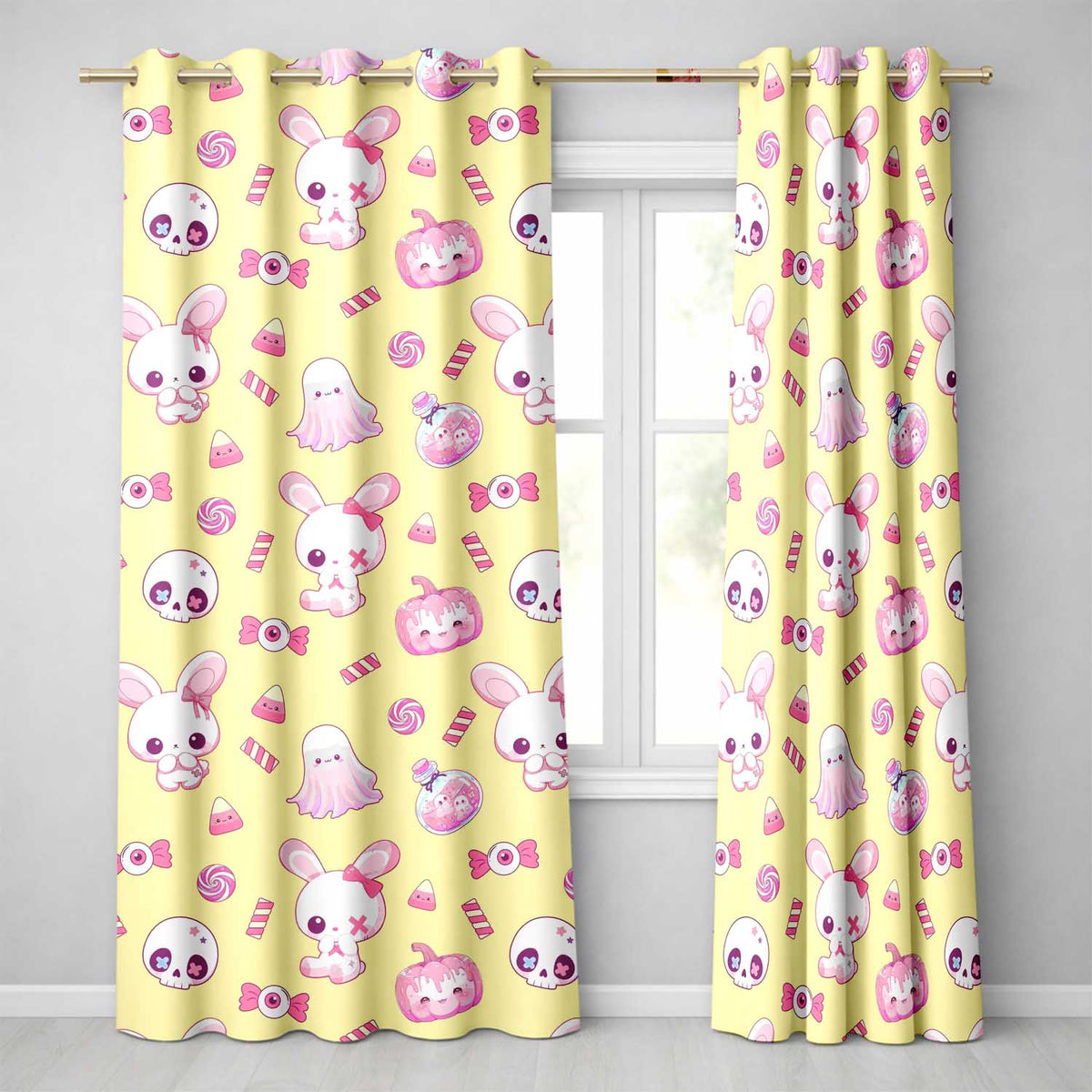 Cute  Halloween Bunny Ghost Candy Pumpkin Seamless Pattern Yellow Background  Readymade Eyelet Ring Top Thermal 100% Blackout Curtains