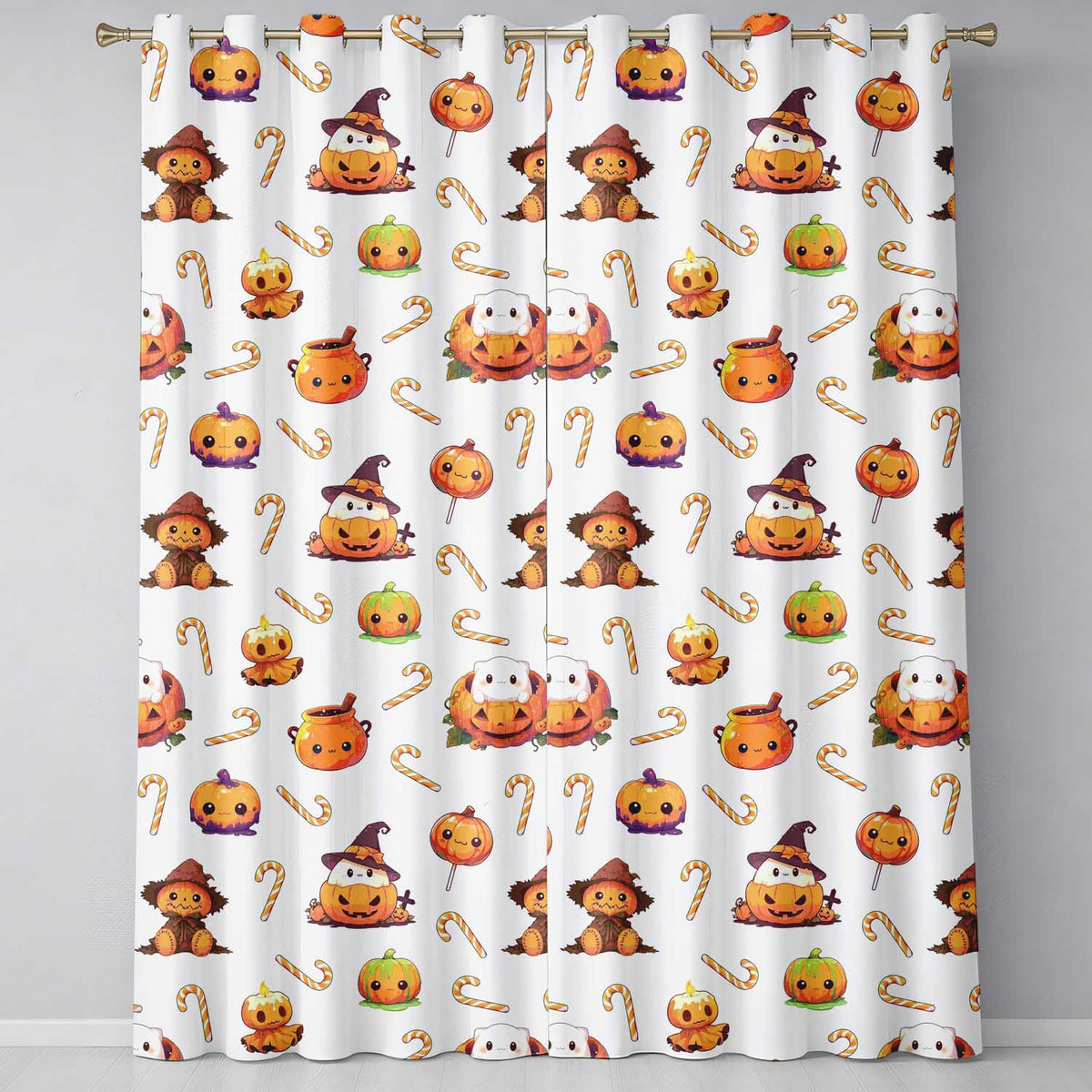 Cute Kawaii Halloween Pumpkin Candy Scarecrow Seamless Pattern Cream Background  Readymade Eyelet Ring Top Thermal 100% Blackout Curtains