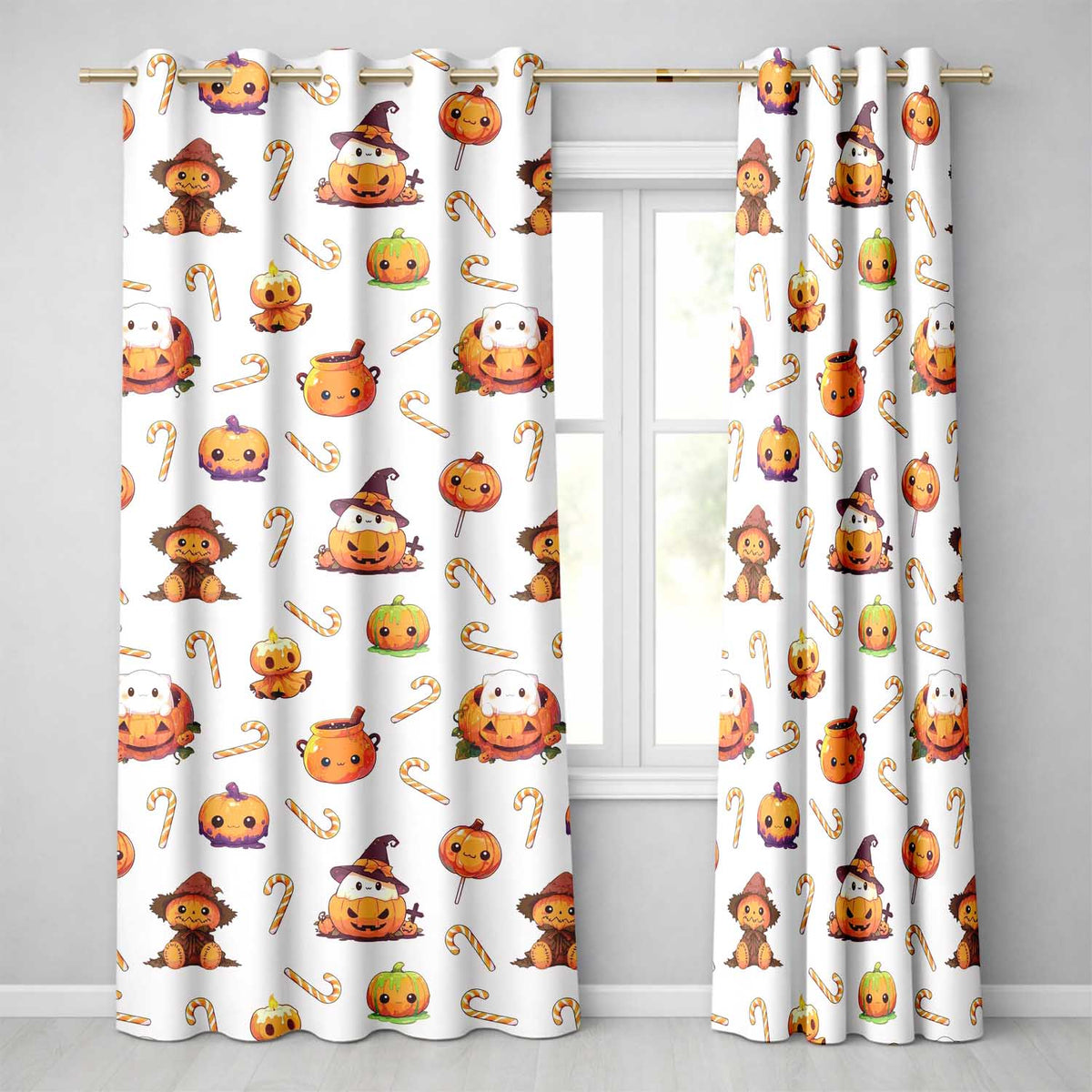 Cute Kawaii Halloween Pumpkin Candy Scarecrow Seamless Pattern Cream Background  Readymade Eyelet Ring Top Thermal 100% Blackout Curtains