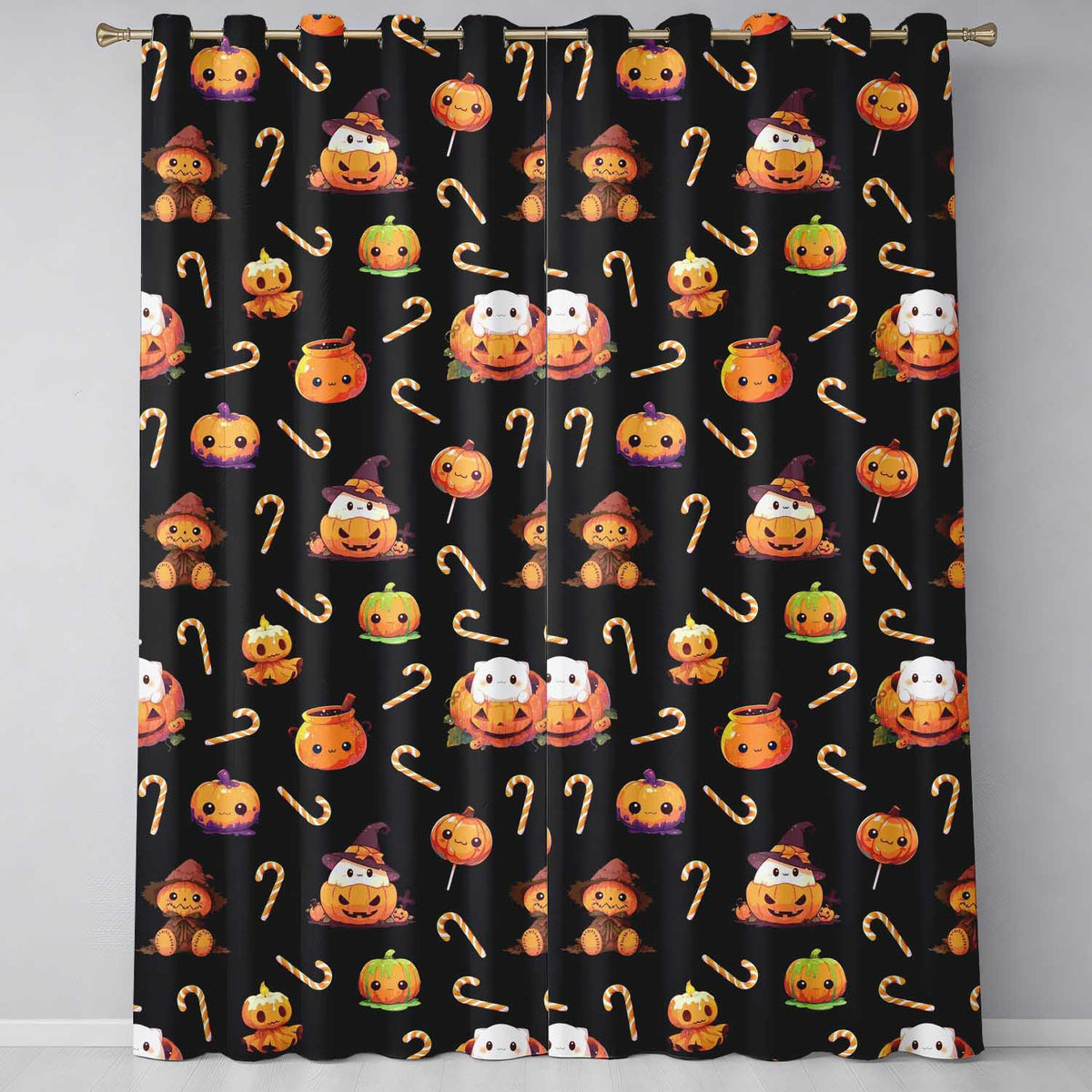 Cute Kawaii Halloween Pumpkin Candy Scarecrow Seamless Pattern Black Background  Readymade Eyelet Ring Top Thermal 100% Blackout Curtains