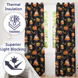 Cute Kawaii Halloween Pumpkin Candy Scarecrow Seamless Pattern Black Background  Readymade Eyelet Ring Top Thermal 100% Blackout Curtains