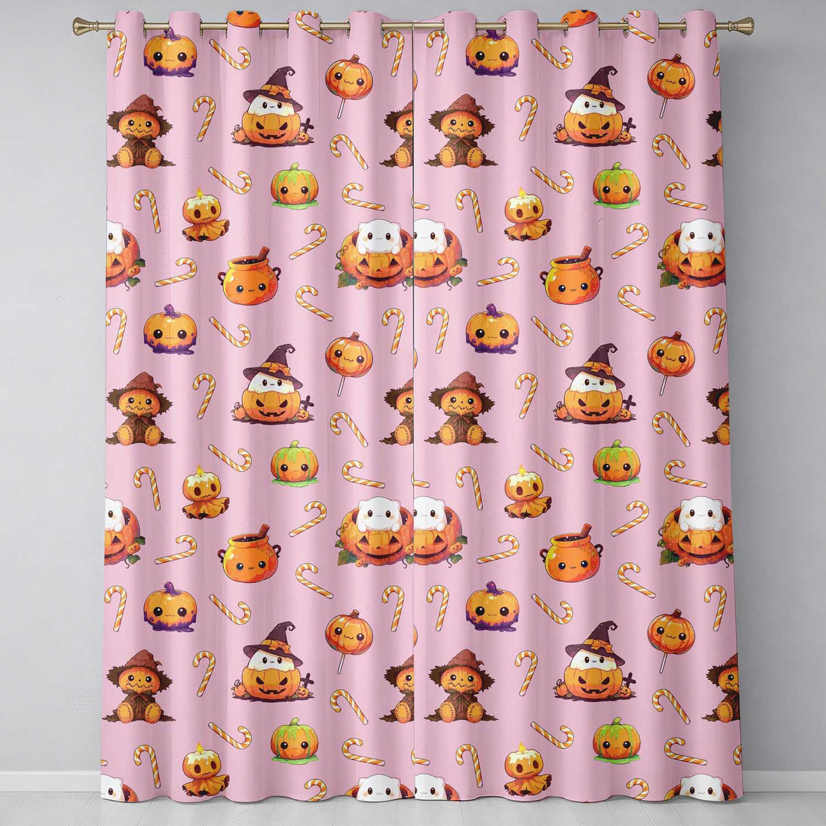 Cute Kawaii Halloween Pumpkin Candy Scarecrow Seamless Pattern Pink Background  Readymade Eyelet Ring Top Thermal 100% Blackout Curtains