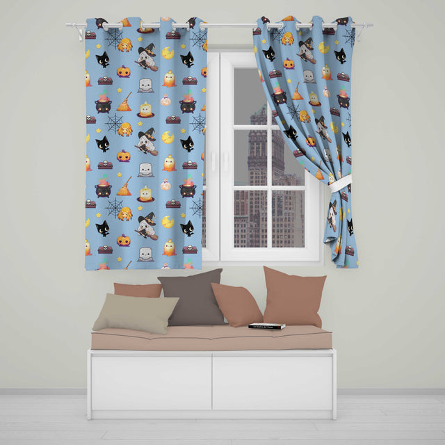 Cute Kawaii Witch Spider Candle Moon Seamless Pattern Blue Background  Readymade Eyelet Ring Top Thermal 100% Blackout Curtains