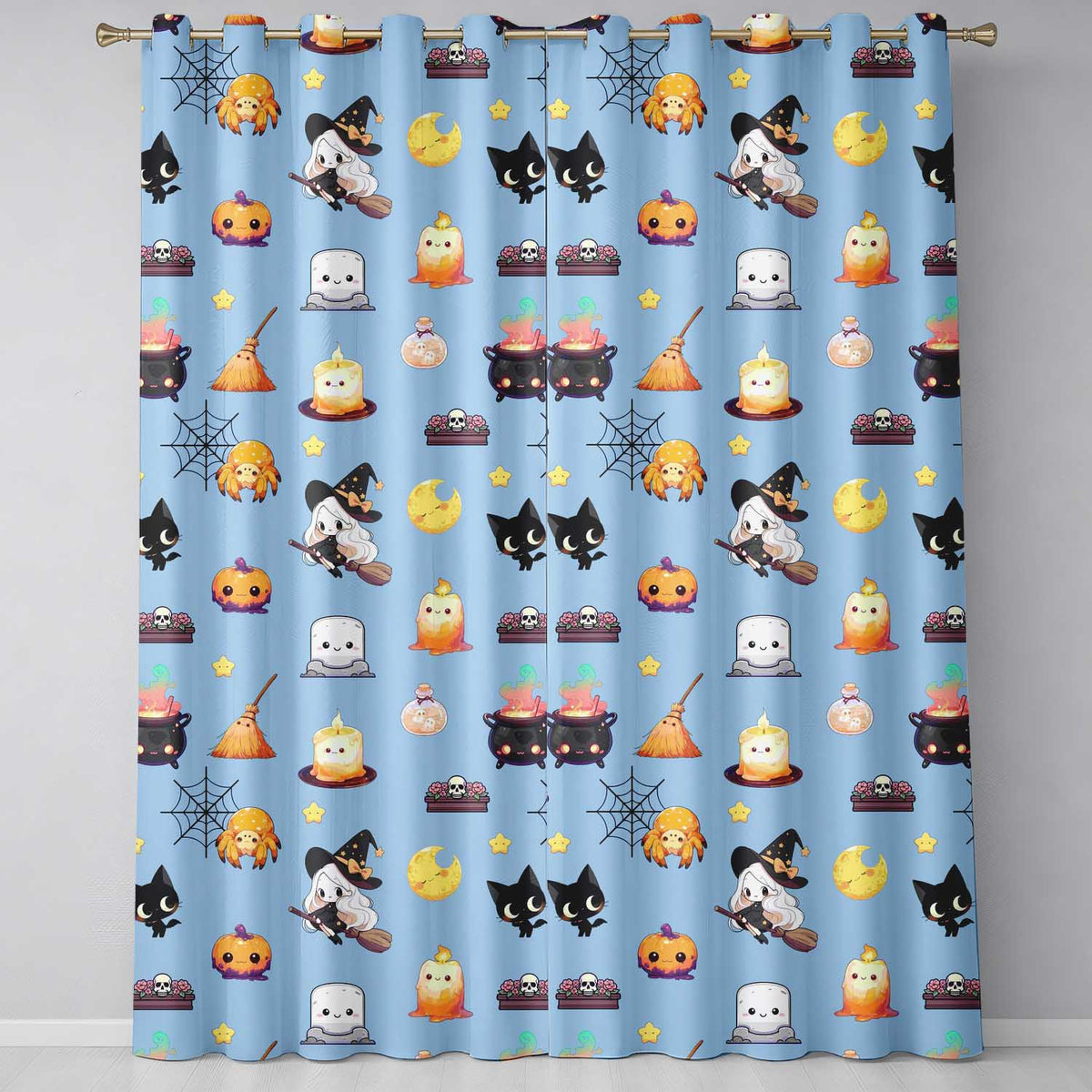 Cute Kawaii Witch Spider Candle Moon Seamless Pattern Blue Background  Readymade Eyelet Ring Top Thermal 100% Blackout Curtains