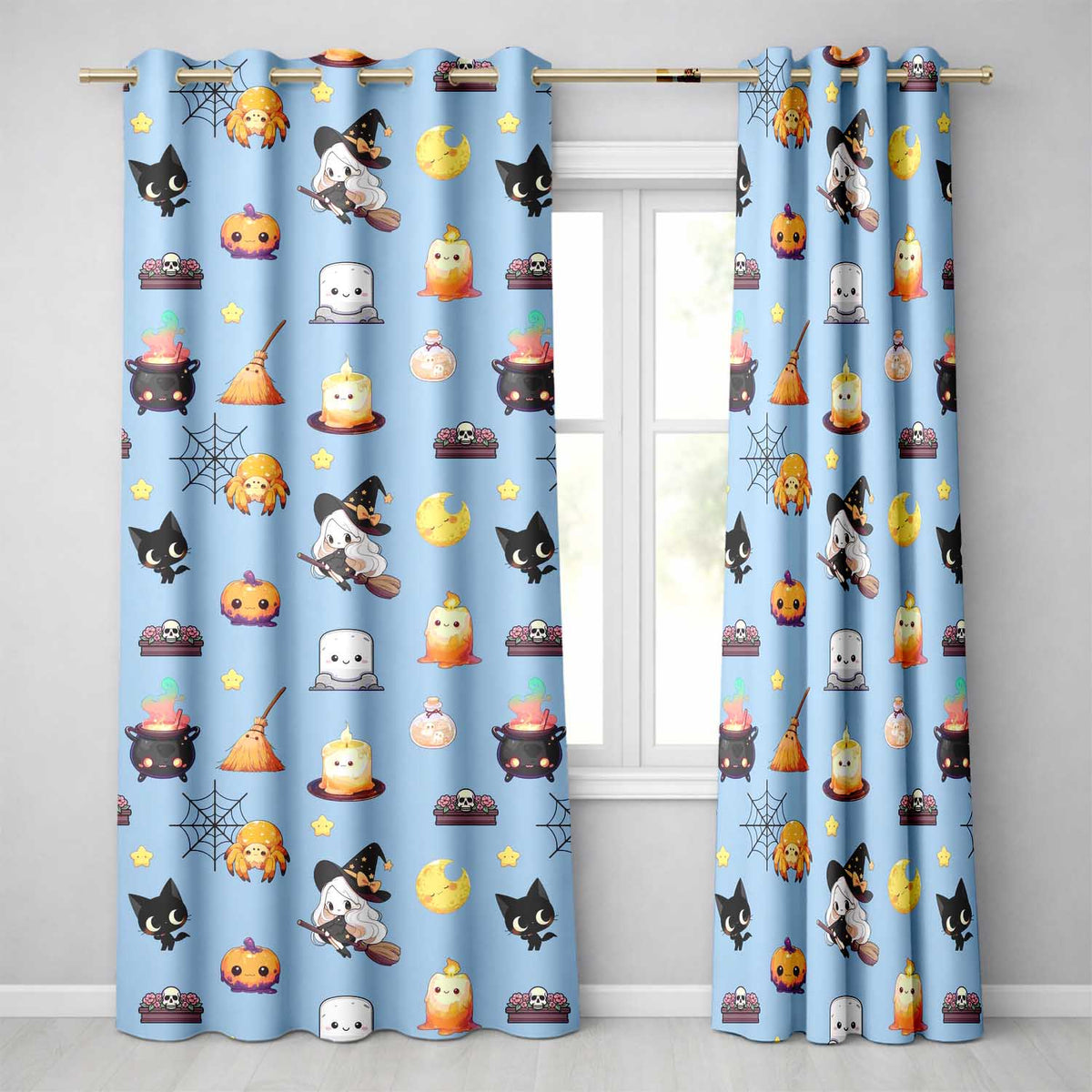 Cute Kawaii Witch Spider Candle Moon Seamless Pattern Blue Background  Readymade Eyelet Ring Top Thermal 100% Blackout Curtains