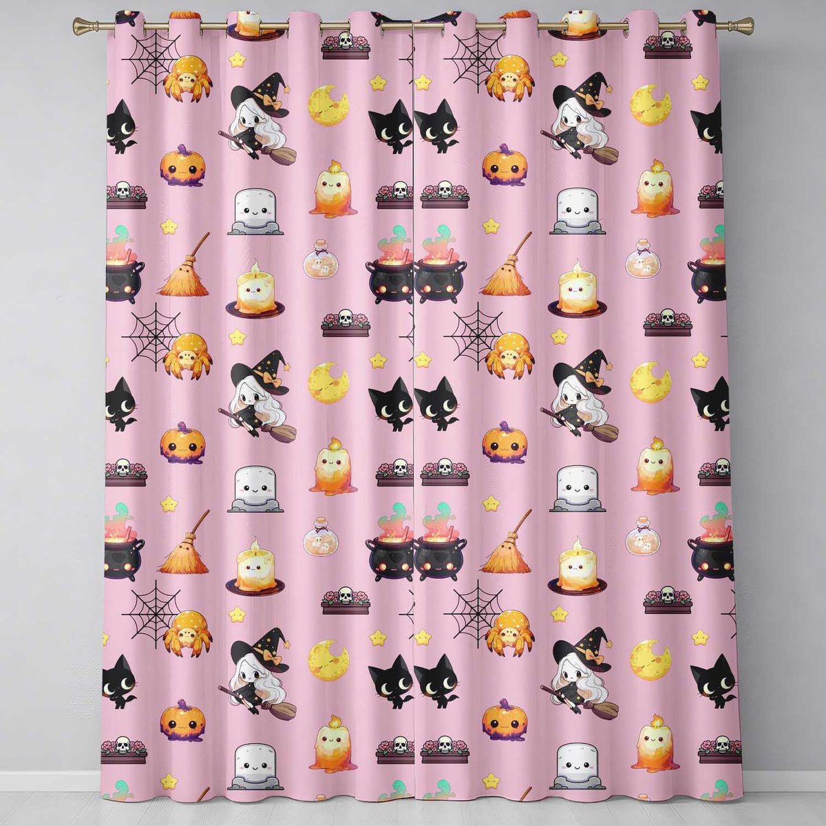 Cute Kawaii Witch Spider Candle Moon Halloween Seamless Pattern Rose Background  Readymade Eyelet Ring Top Thermal 100% Blackout Curtains