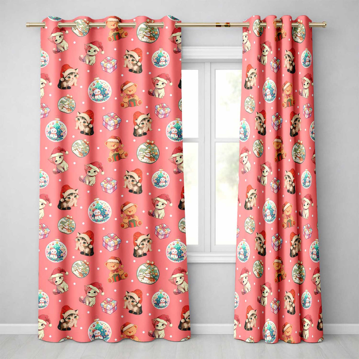 Cute Christmas Cat Teddy Bear Baubles on Coral Pink Background Seamless Pattern  Readymade Eyelet Ring Top Thermal 100% Blackout Curtains
