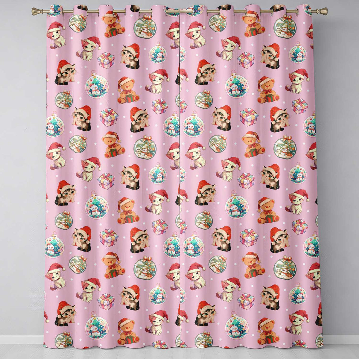 Cute Christmas Cat Teddy Bear Baubles on Dusty Pink Background Seamless Pattern  Readymade Eyelet Ring Top Thermal 100% Blackout Curtains