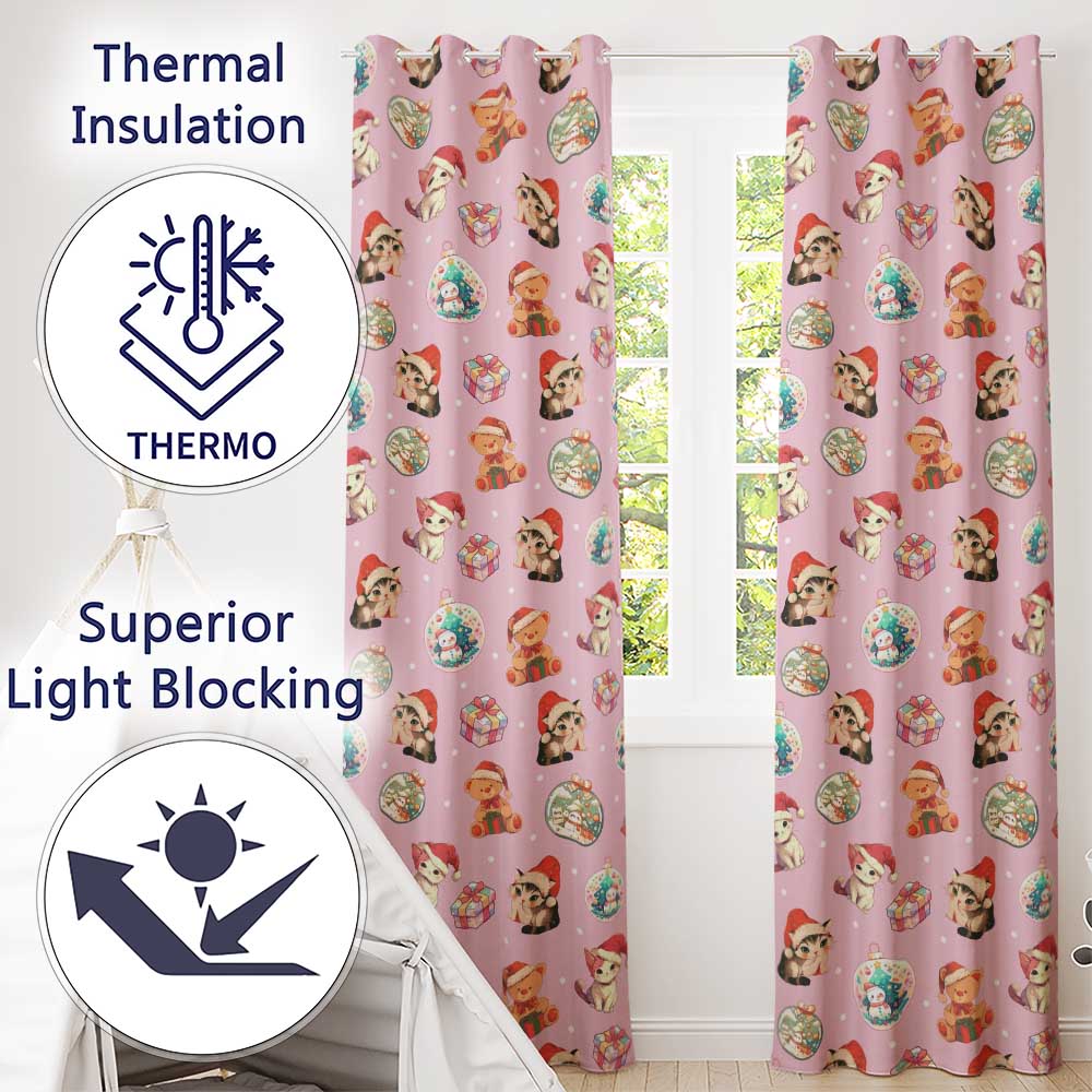 Cute Christmas Cat Teddy Bear Baubles on Dusty Pink Background Seamless Pattern  Readymade Eyelet Ring Top Thermal 100% Blackout Curtains