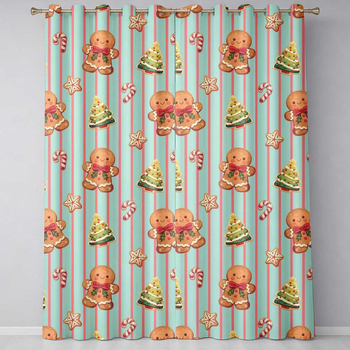 Gingerbread Man Cookies Candy Cane on Mint Stripe Background Seamless Pattern  Readymade Eyelet Ring Top Thermal 100% Blackout Curtains