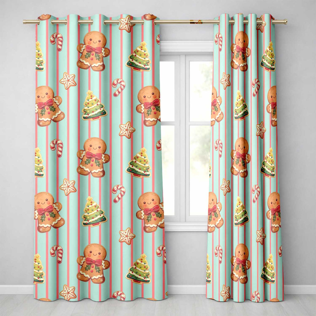 Gingerbread Man Cookies Candy Cane on Mint Stripe Background Seamless Pattern  Readymade Eyelet Ring Top Thermal 100% Blackout Curtains