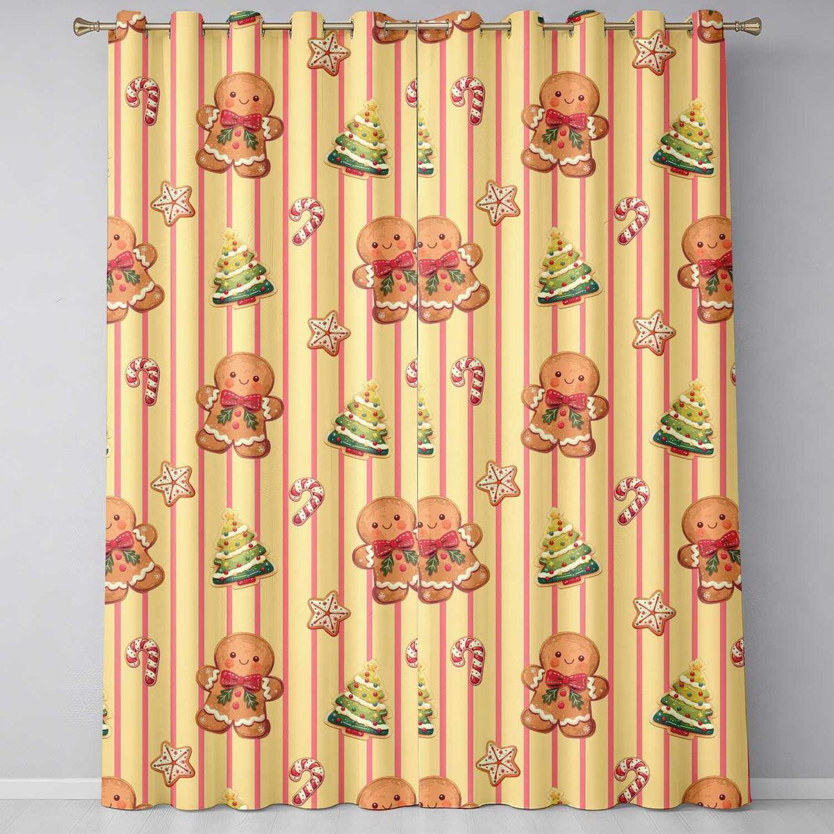 Gingerbread Man Cookies Candy Cane on Cream Beige Stripe Background Seamless  Readymade Eyelet Ring Top Thermal 100% Blackout Curtains
