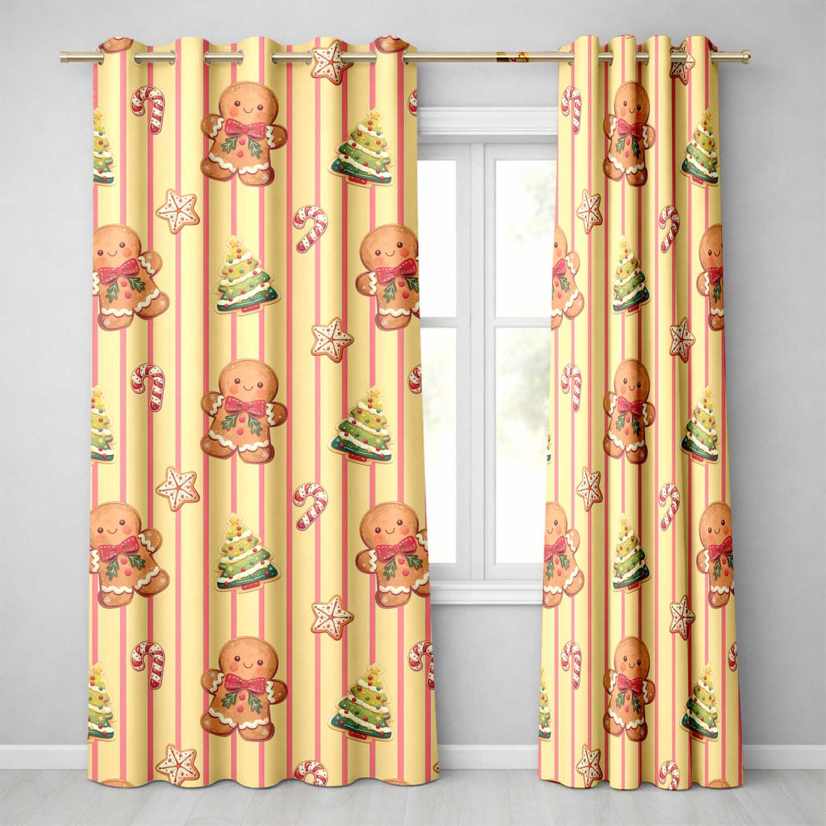 Gingerbread Man Cookies Candy Cane on Cream Beige Stripe Background Seamless  Readymade Eyelet Ring Top Thermal 100% Blackout Curtains