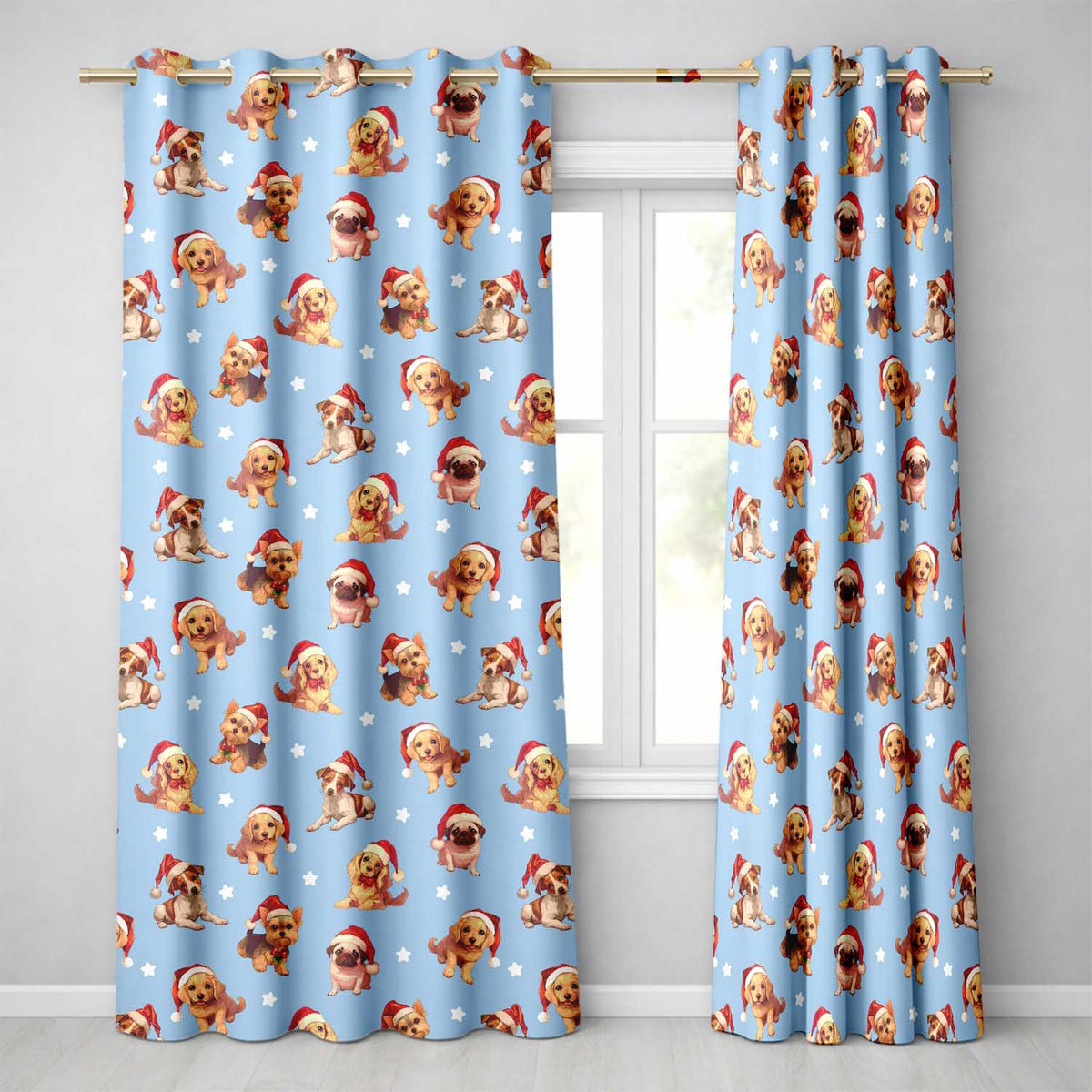 Cute Christmas Puppies Santa Hat on Sky Blue Star Background Seamless Pattern  Readymade Eyelet Ring Top Thermal 100% Blackout Curtains