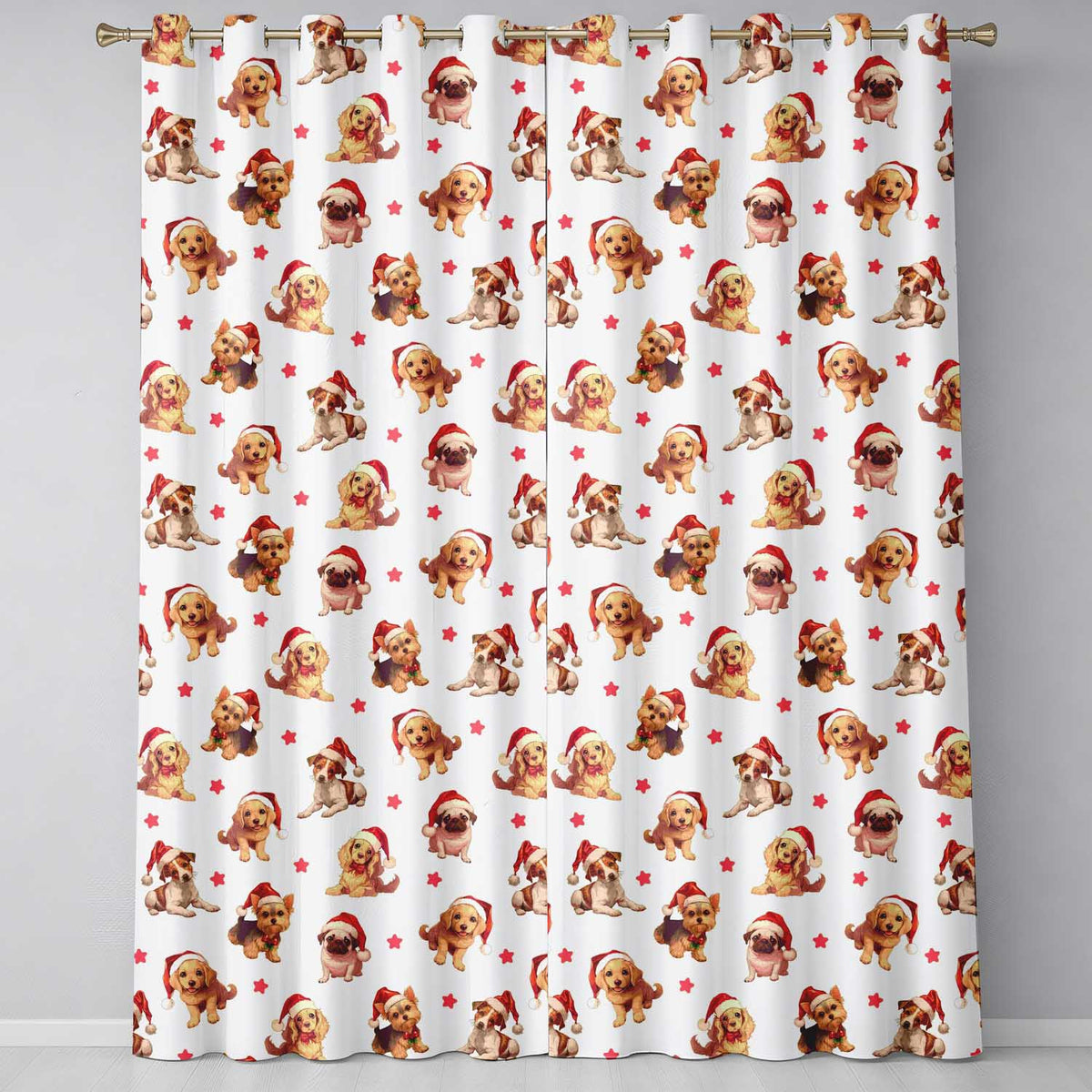Cute Christmas Puppies Santa Hat on Light Cream Background Seamless Pattern  Readymade Eyelet Ring Top Thermal 100% Blackout Curtains