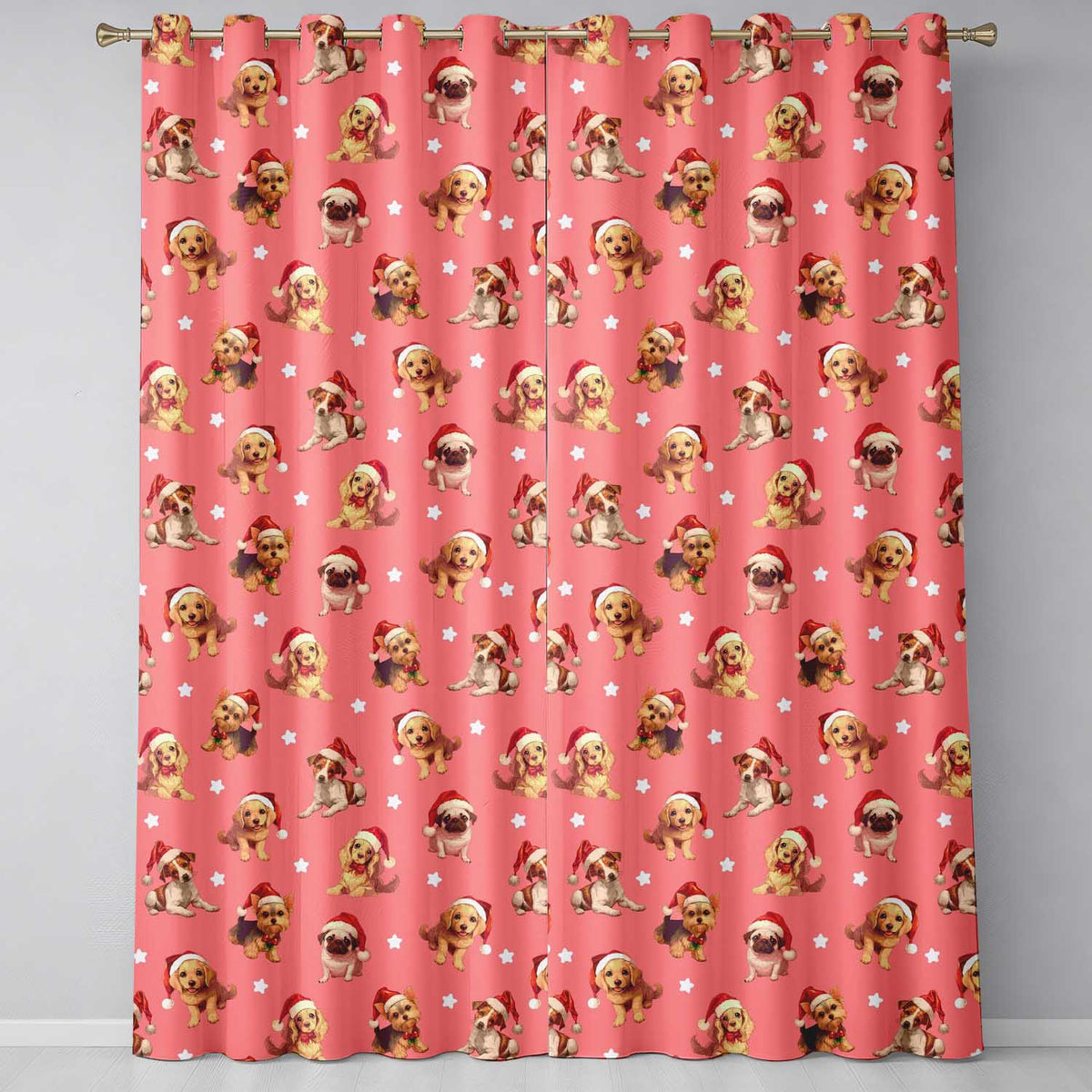 Cute Christmas Puppies Santa Hat on Warm Coral Pink Background Seamless Pattern  Readymade Eyelet Ring Top Thermal 100% Blackout Curtains