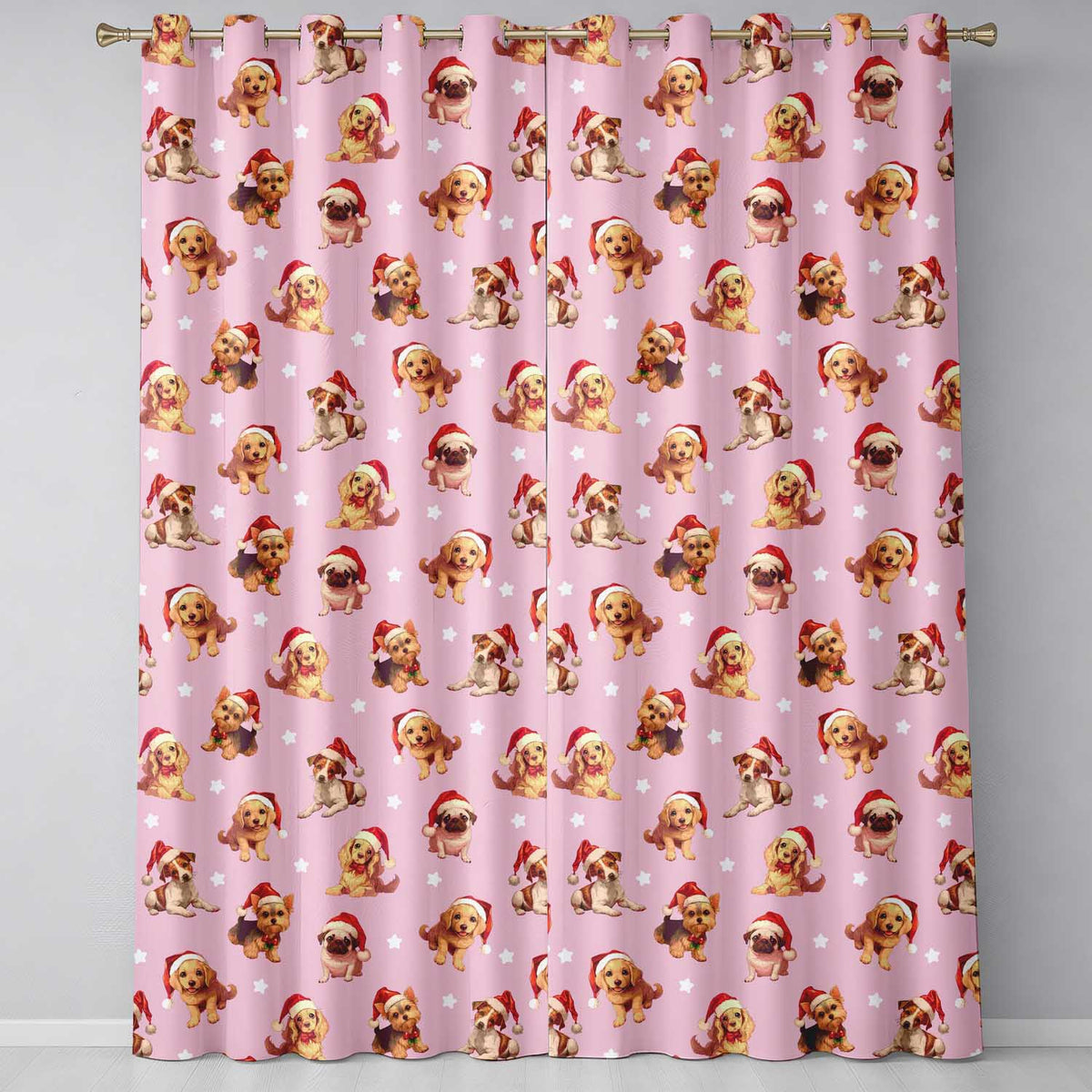 Cute Christmas Puppies Santa Hat on Dusty Pink Background Seamless Pattern  Readymade Eyelet Ring Top Thermal 100% Blackout Curtains