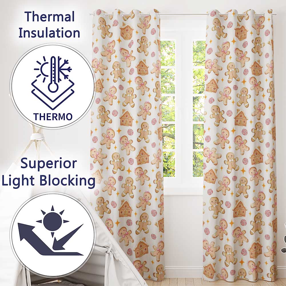 Cute Gingerbread Cookies Candy House on Soft Cream Background Seamless Pattern  Readymade Eyelet Ring Top Thermal 100% Blackout Curtains