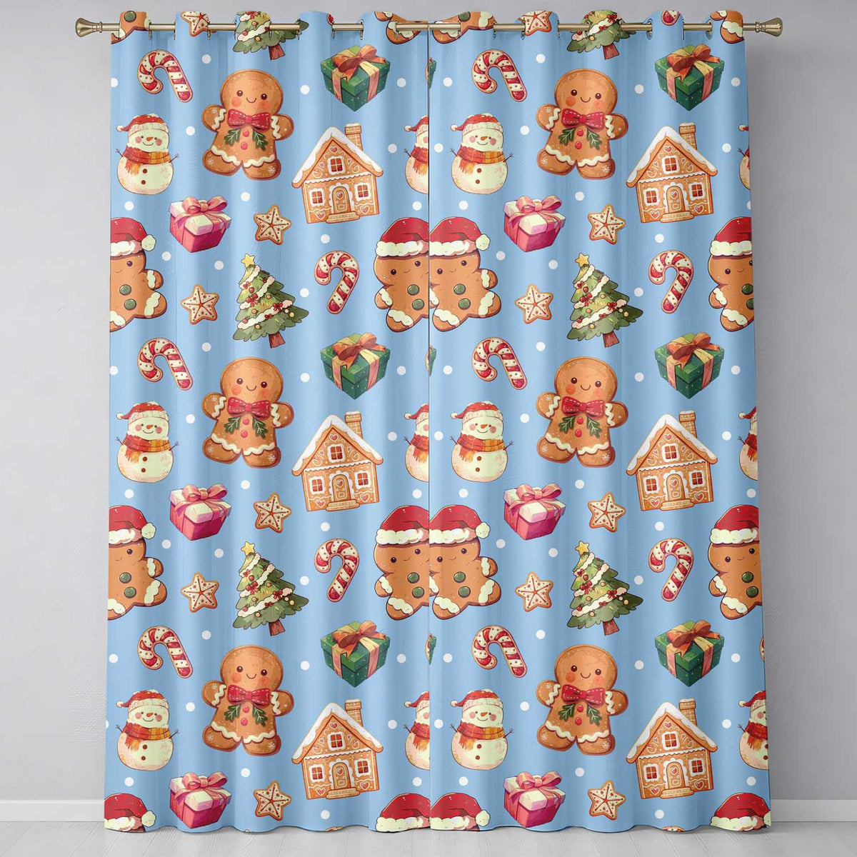 Cute Christmas Gingerbread Man Tree Gift Snowman on Blue Background Seamless  Readymade Eyelet Ring Top Thermal 100% Blackout Curtains