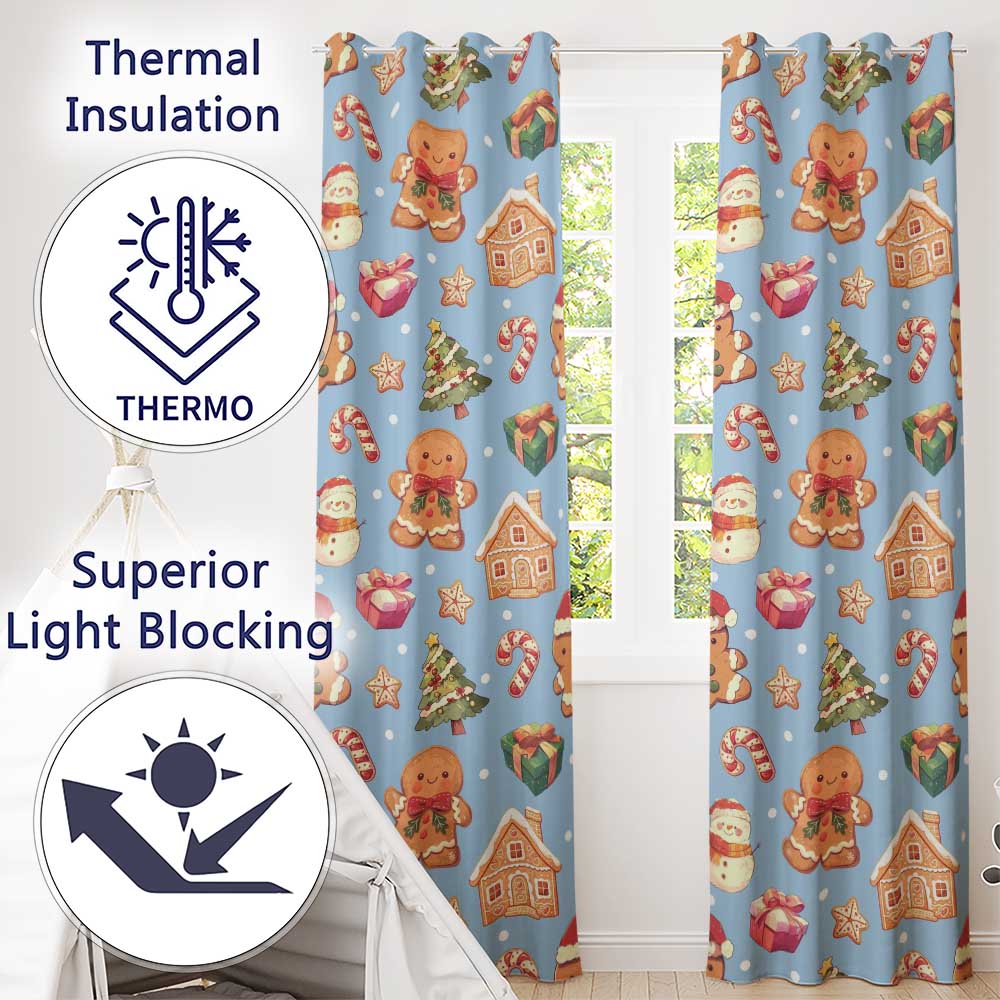 Cute Christmas Gingerbread Man Tree Gift Snowman on Blue Background Seamless  Readymade Eyelet Ring Top Thermal 100% Blackout Curtains