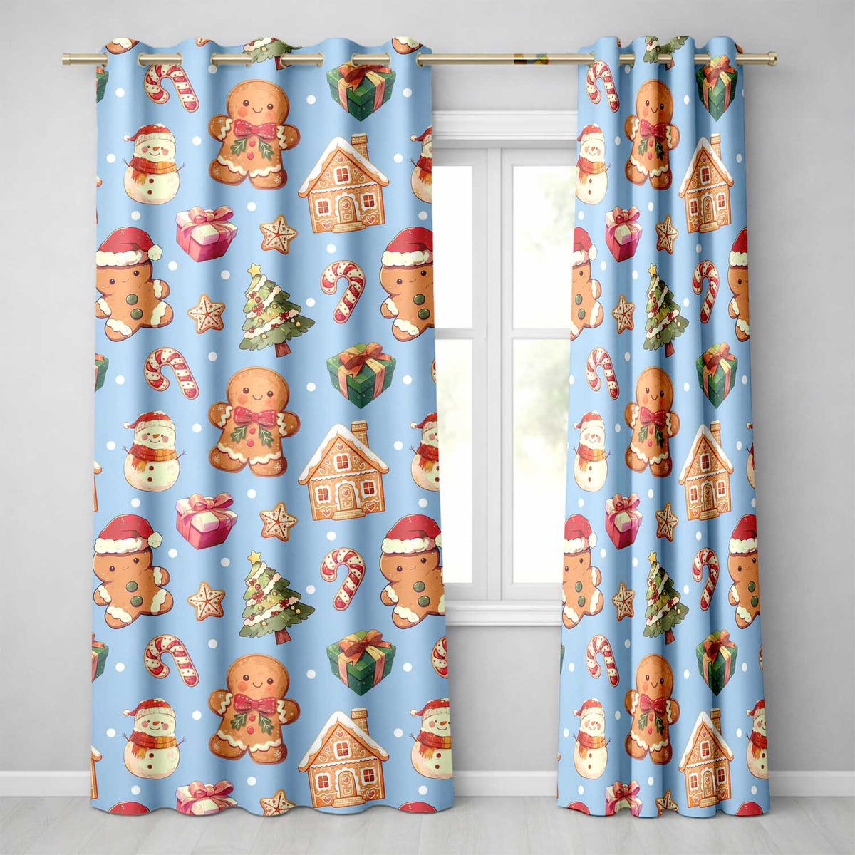 Cute Christmas Gingerbread Man Tree Gift Snowman on Blue Background Seamless  Readymade Eyelet Ring Top Thermal 100% Blackout Curtains