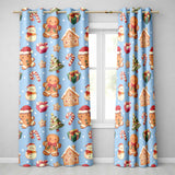 Cute Christmas Gingerbread Man Tree Gift Snowman on Blue Background Seamless  Readymade Eyelet Ring Top Thermal 100% Blackout Curtains