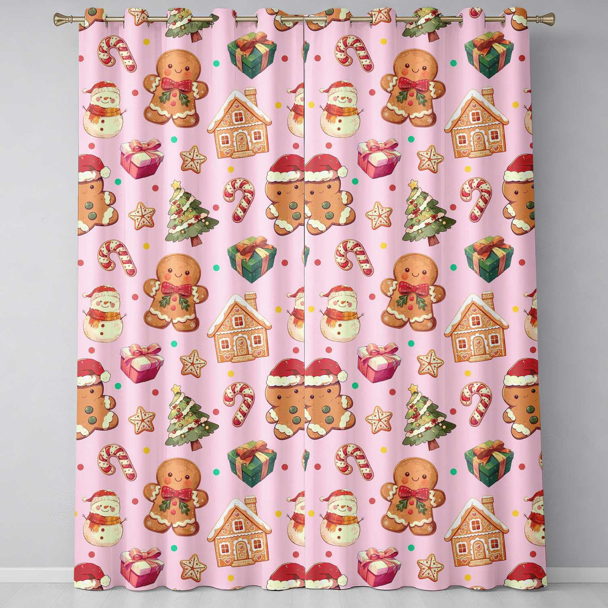 Christmas Gingerbread Man Tree Gift Snowman on Blush Pink Background Seamless  Readymade Eyelet Ring Top Thermal 100% Blackout Curtains