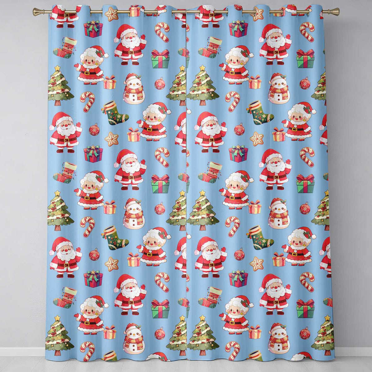 Cute Santa Claus Mrs Claus Snowman Gift Candy on Blue Background Seamless  Readymade Eyelet Ring Top Thermal 100% Blackout Curtains