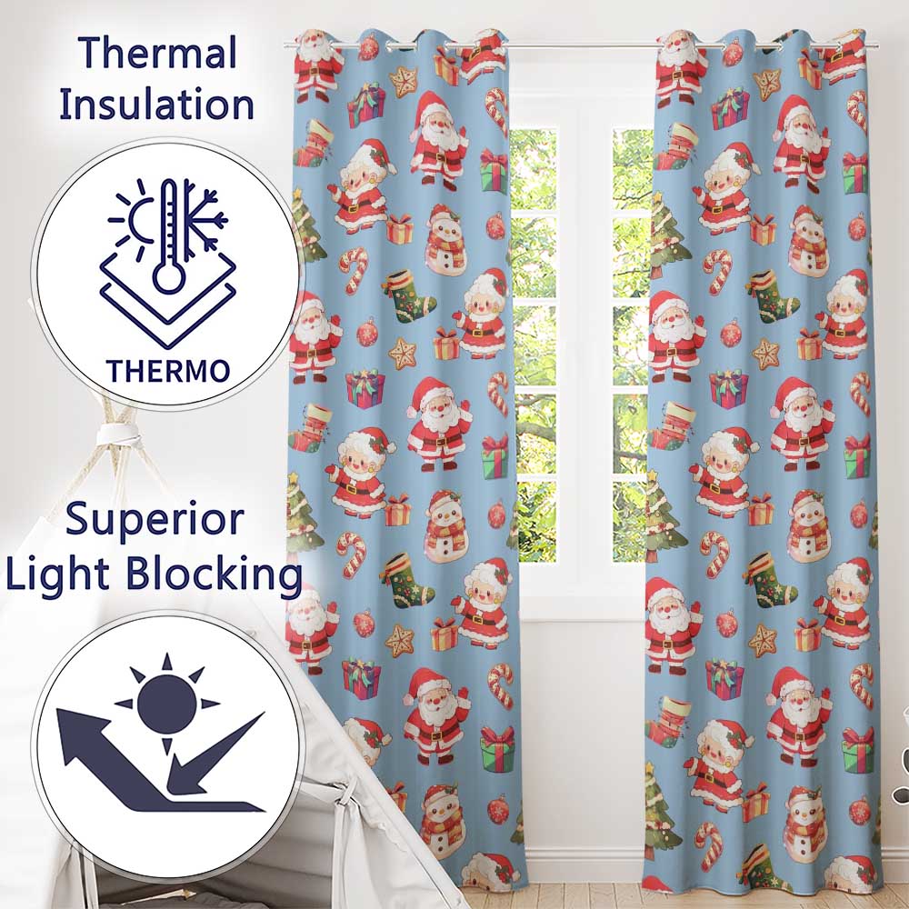 Cute Santa Claus Mrs Claus Snowman Gift Candy on Blue Background Seamless  Readymade Eyelet Ring Top Thermal 100% Blackout Curtains
