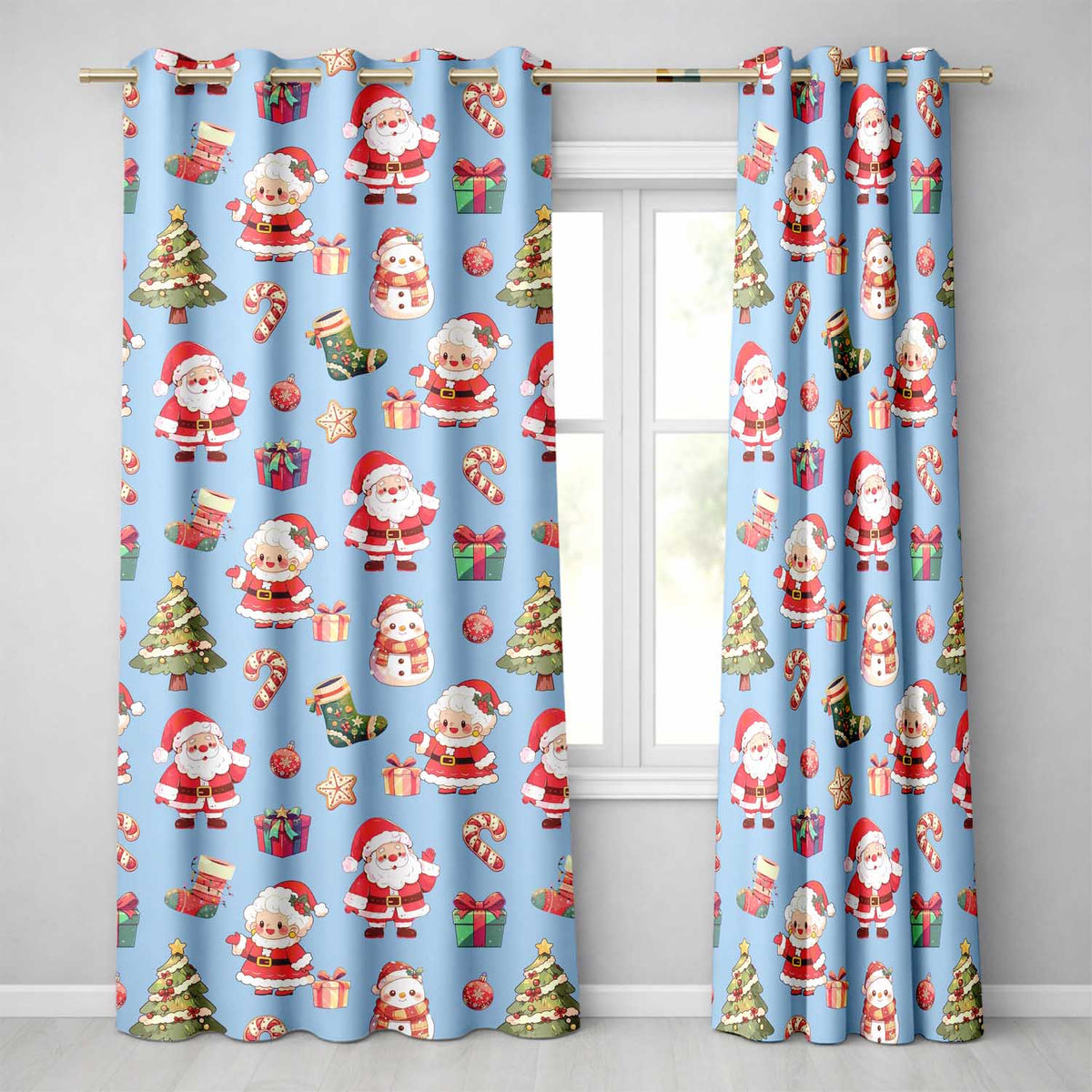 Cute Santa Claus Mrs Claus Snowman Gift Candy on Blue Background Seamless  Readymade Eyelet Ring Top Thermal 100% Blackout Curtains