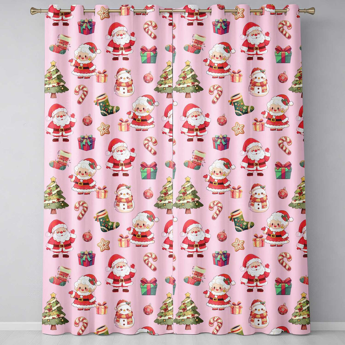Cute Santa Claus Mrs Claus Snowman Gift Candy on Pink Background Seamless  Readymade Eyelet Ring Top Thermal 100% Blackout Curtains