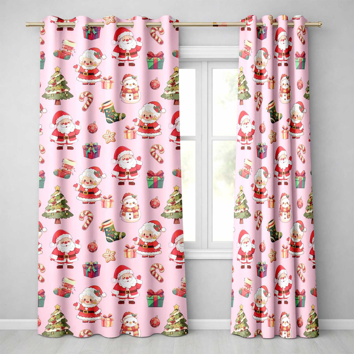Cute Santa Claus Mrs Claus Snowman Gift Candy on Pink Background Seamless  Readymade Eyelet Ring Top Thermal 100% Blackout Curtains