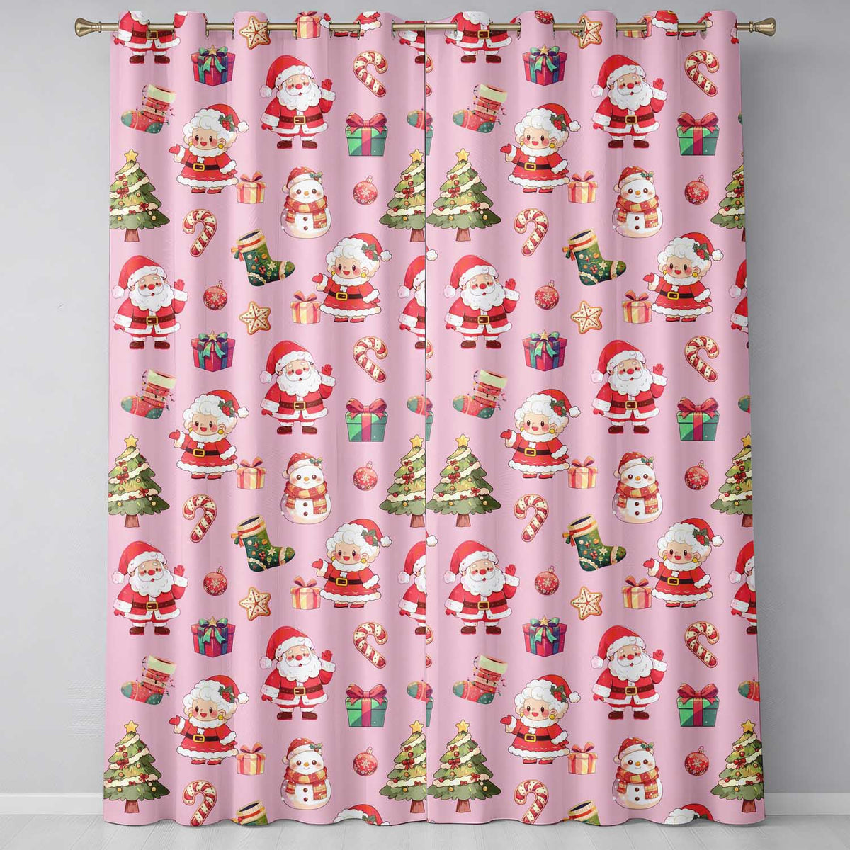 Cute Santa Claus Mrs Claus Snowman Gift Candy on Pink Background Seamless  Readymade Eyelet Ring Top Thermal 100% Blackout Curtains