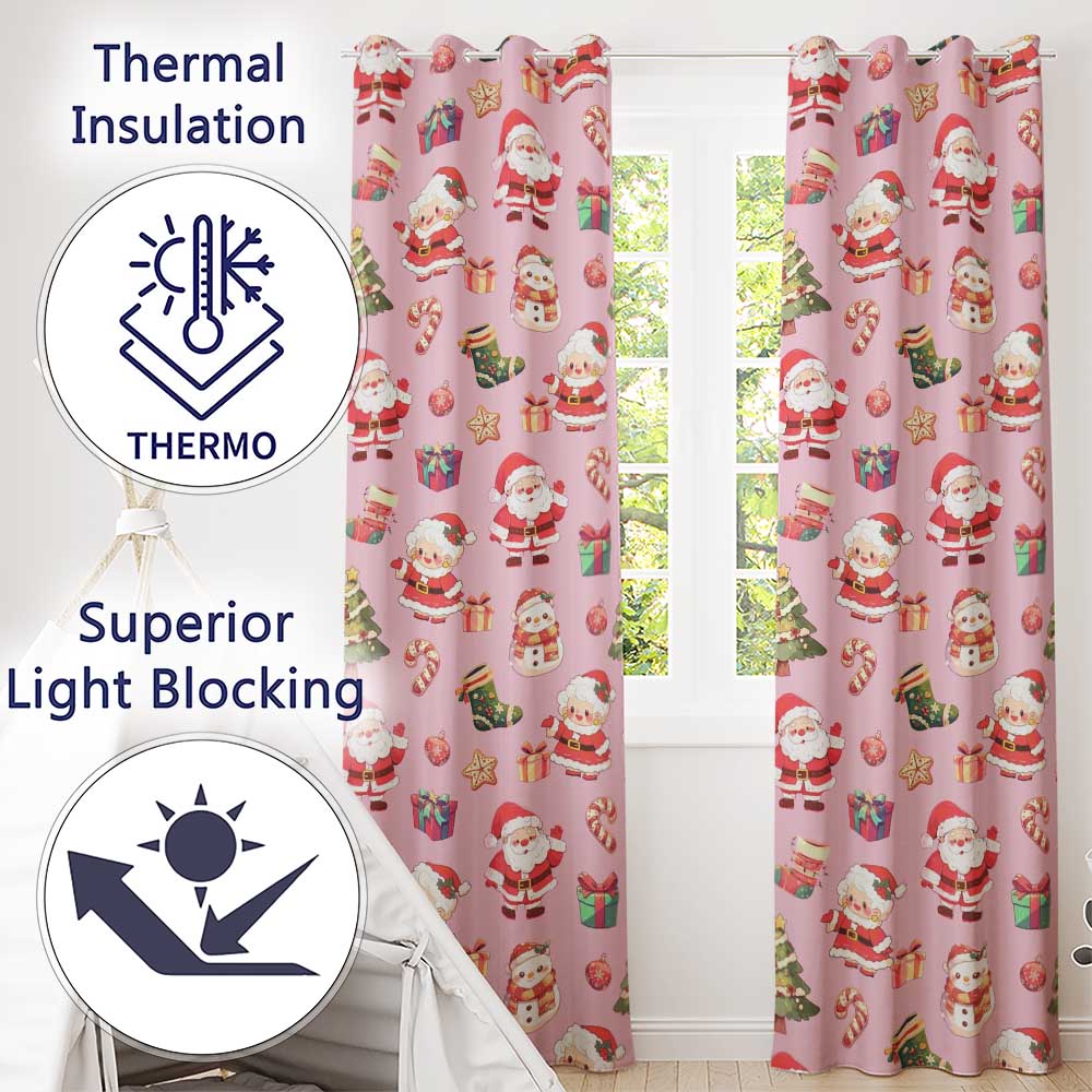 Cute Santa Claus Mrs Claus Snowman Gift Candy on Pink Background Seamless  Readymade Eyelet Ring Top Thermal 100% Blackout Curtains