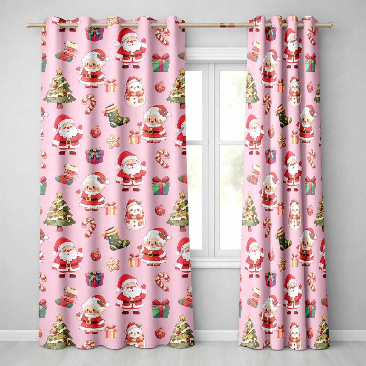 Cute Santa Claus Mrs Claus Snowman Gift Candy on Pink Background Seamless  Readymade Eyelet Ring Top Thermal 100% Blackout Curtains