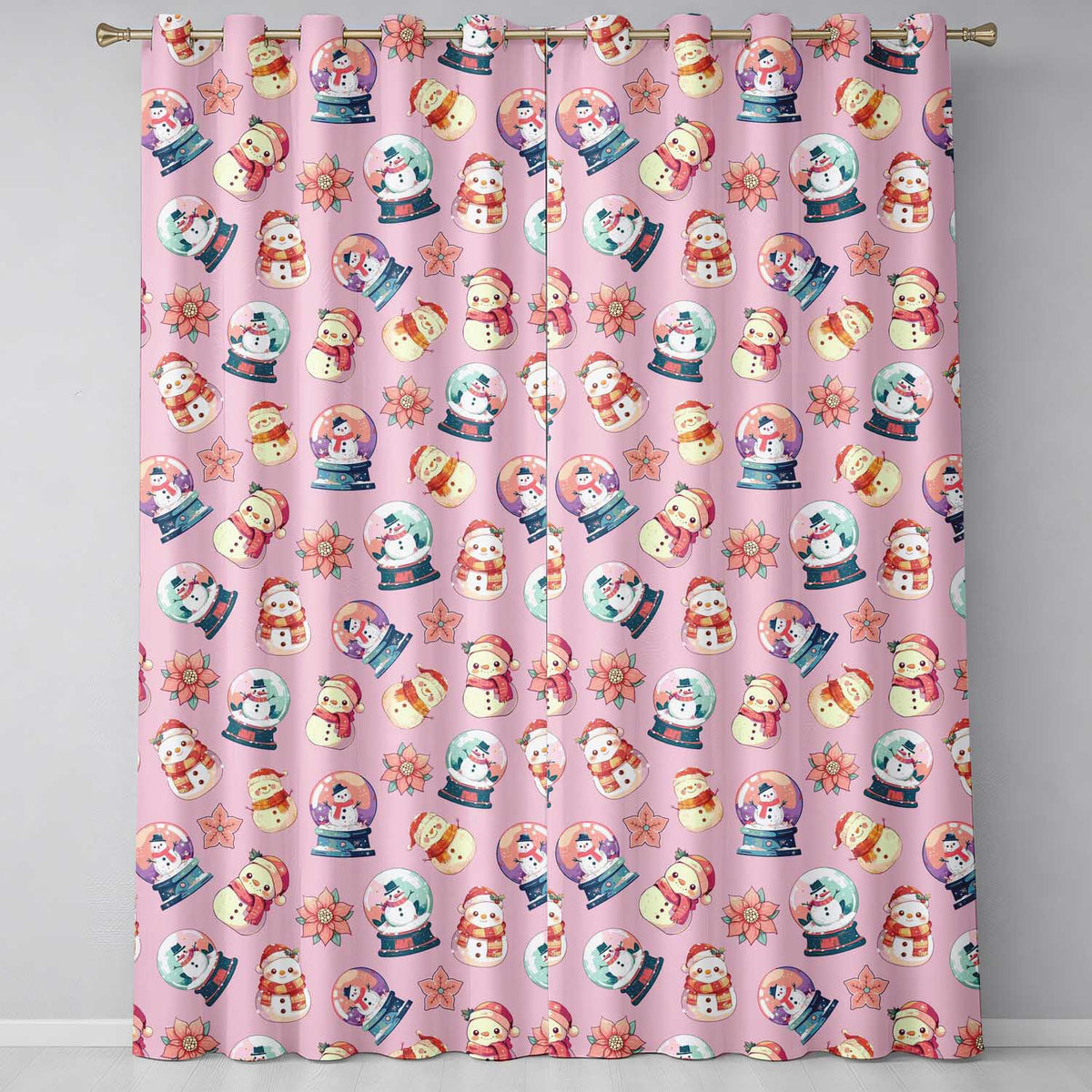 Cute Snowman Snow Globe Poinsettia Christmas on Mauve Pink Background Seamless  Readymade Eyelet Ring Top Thermal 100% Blackout Curtains