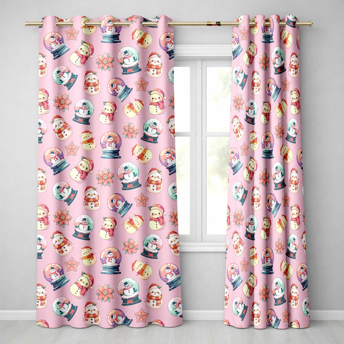 Cute Snowman Snow Globe Poinsettia Christmas on Mauve Pink Background Seamless  Readymade Eyelet Ring Top Thermal 100% Blackout Curtains