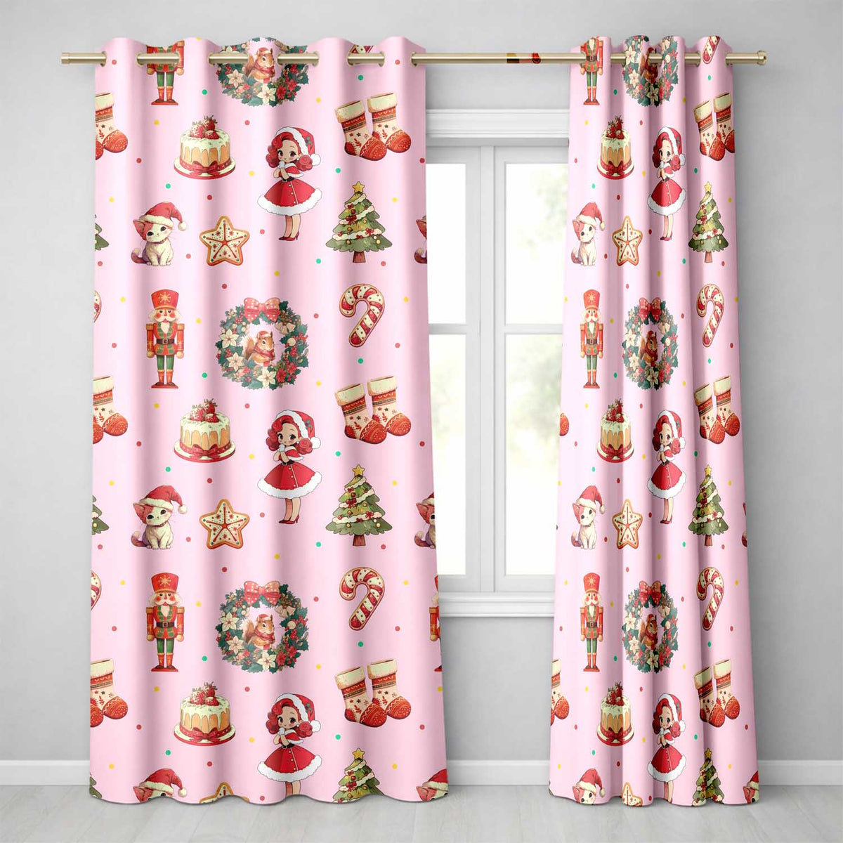 Nutcracker  Wreath Cake Girl Christmas Tree on Soft Pink Background Seamless  Readymade Eyelet Ring Top Thermal 100% Blackout Curtains