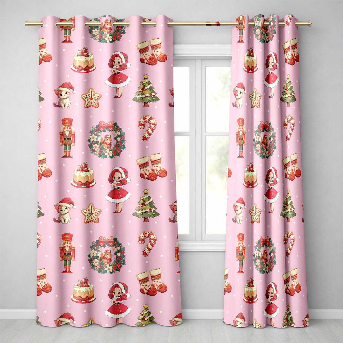Nutcracker  Wreath Cake Girl on Pink Background with Polka Dots Seamless  Readymade Eyelet Ring Top Thermal 100% Blackout Curtains
