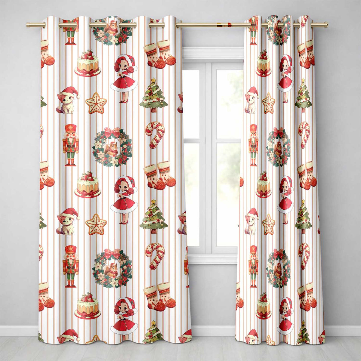 Nutcracker  Wreath Cake Girl Christmas Tree on Beige Stripe Background Seamless  Readymade Eyelet Ring Top Thermal 100% Blackout Curtains